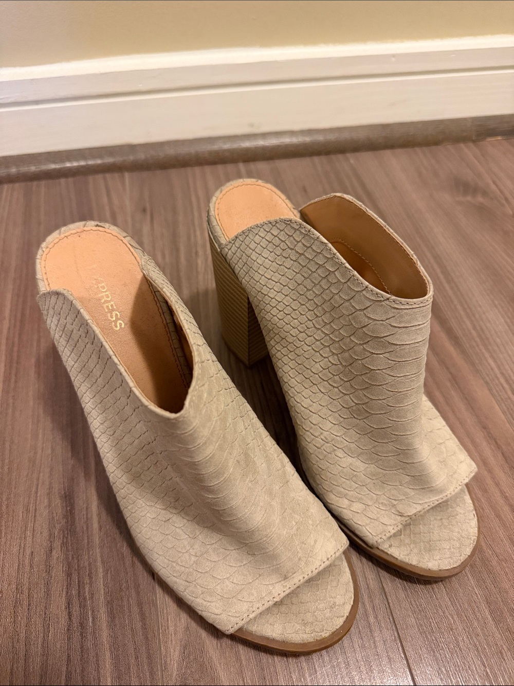 Express Beige Textured Open-Toe Mule Heels